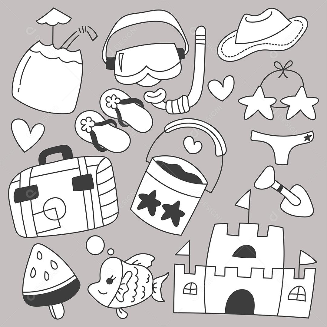 Conjunto de pacotes de viagens nas férias de verão com esboço de desenho à mão de itens de desenho animado, ilustração vetorial plana em fundo cinza