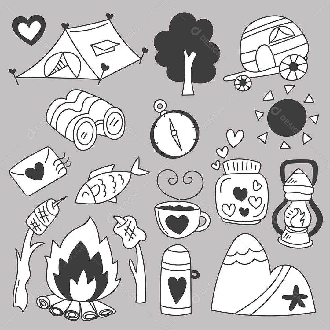 Conjunto de pacotes de viagens acampando em feriados com esboços de desenho à mão de itens de desenho animado, ilustração vetorial plana em fundo cinza