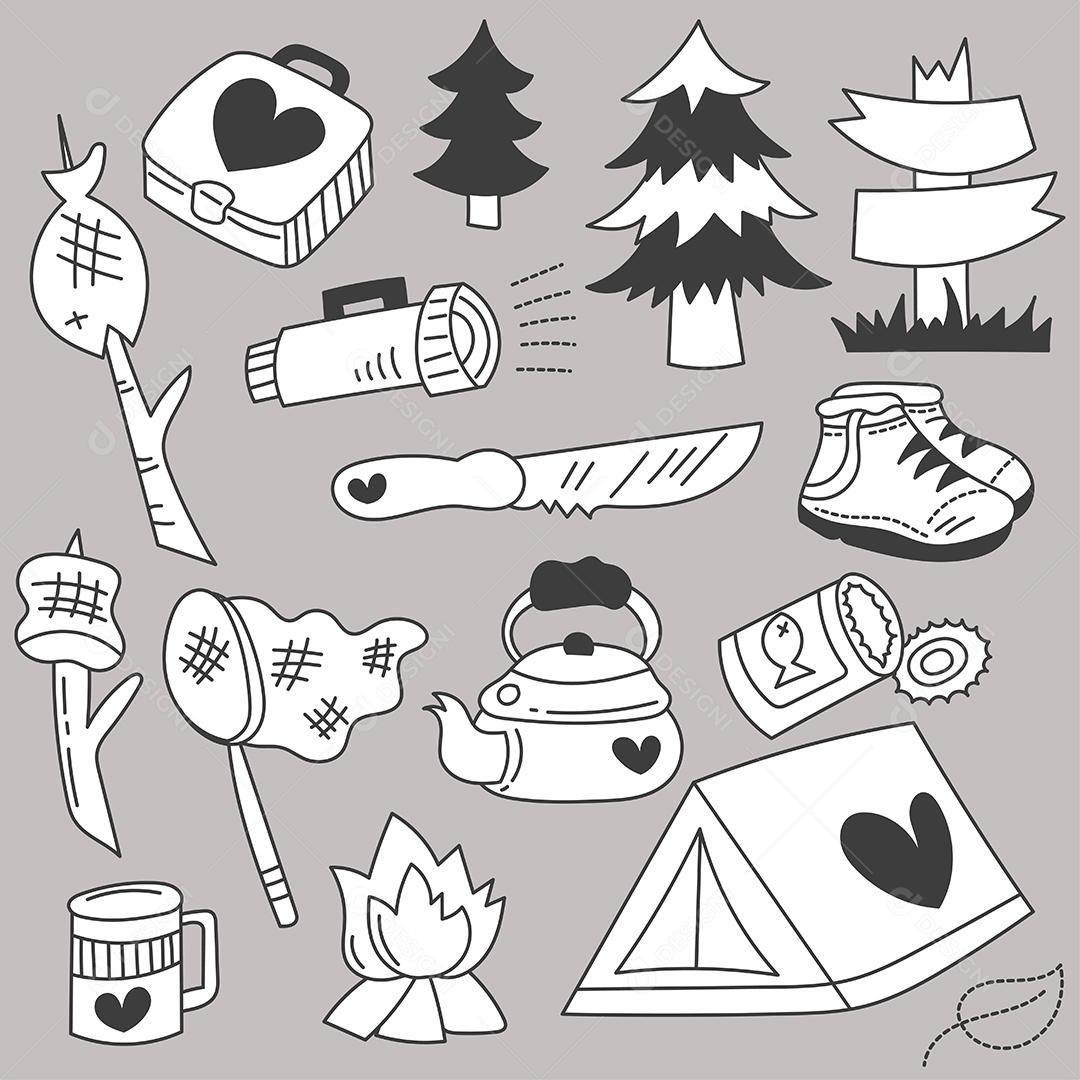 Conjunto de pacotes de viagens nas férias de verão com esboço de desenho à mão de itens de desenho animado, ilustração vetorial plana em fundo cinza
