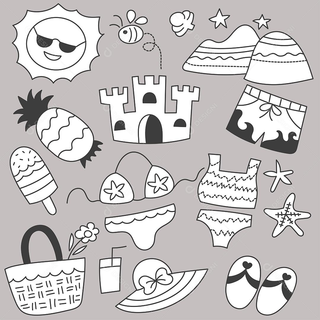 Conjunto de pacotes de viagens nas férias de verão com esboço de desenho à mão de itens de desenho animado, ilustração vetorial plana em fundo cinza