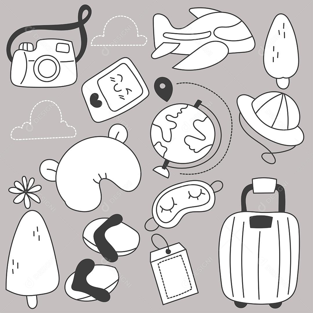 Conjunto de pacotes de viagens nas férias de verão com esboço de desenho à mão de itens de desenho animado, ilustração vetorial plana em fundo cinza