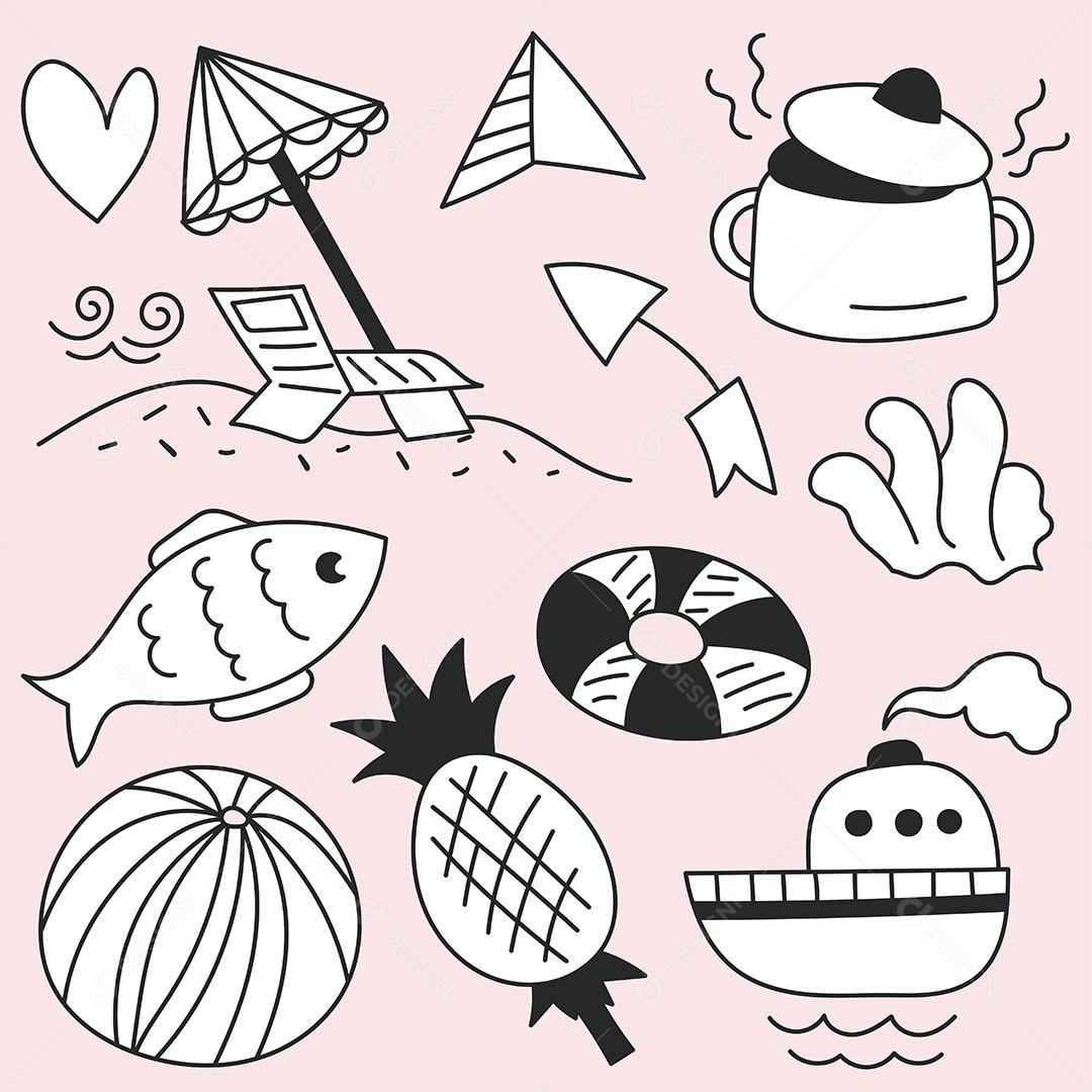 Conjunto de pacotes de viagens nas férias de verão no mar, desenho à mão, ilustração vetorial plana em fundo rosa