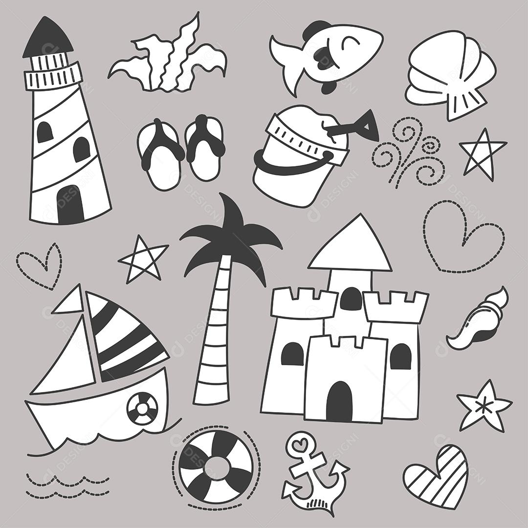 Summer vacation travel packages set on the beach cartoon hand drawn sketch, flat vector illustration on pink background