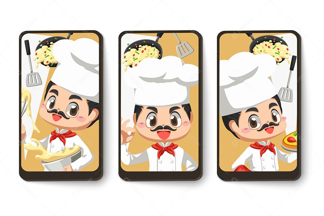 Set chef card and kitchenware in cartoon character, mascot in vector illustration design for culinary business logo