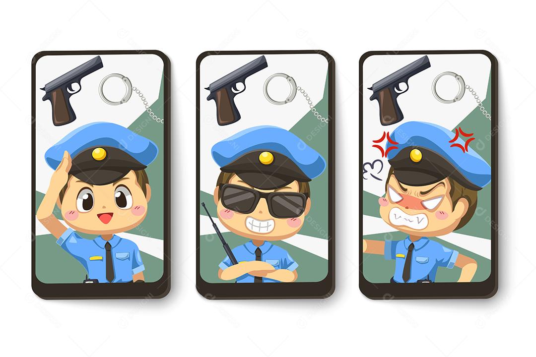 Definir cartão de policial vestindo uniforme com arma e algema em diferentes atuações em personagem de desenho animado, ilustração vetorial plana isolada