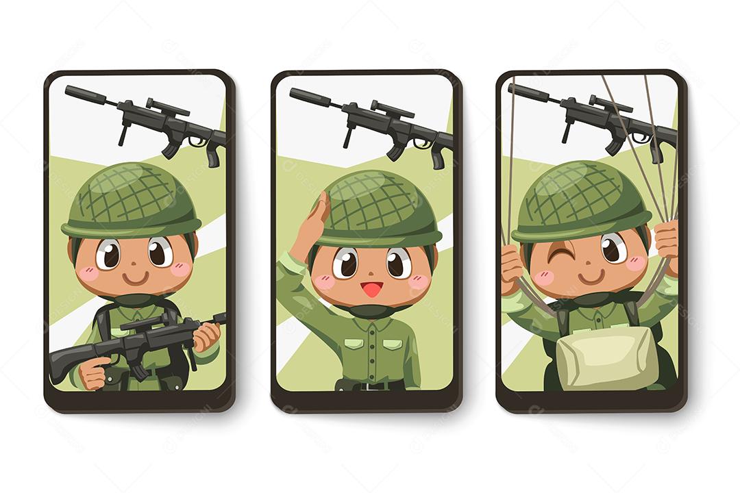 Definir cartão de soldados do exército de uniforme verde com ação de diferença em personagem de desenho animado, ilustração vetorial plana isolada