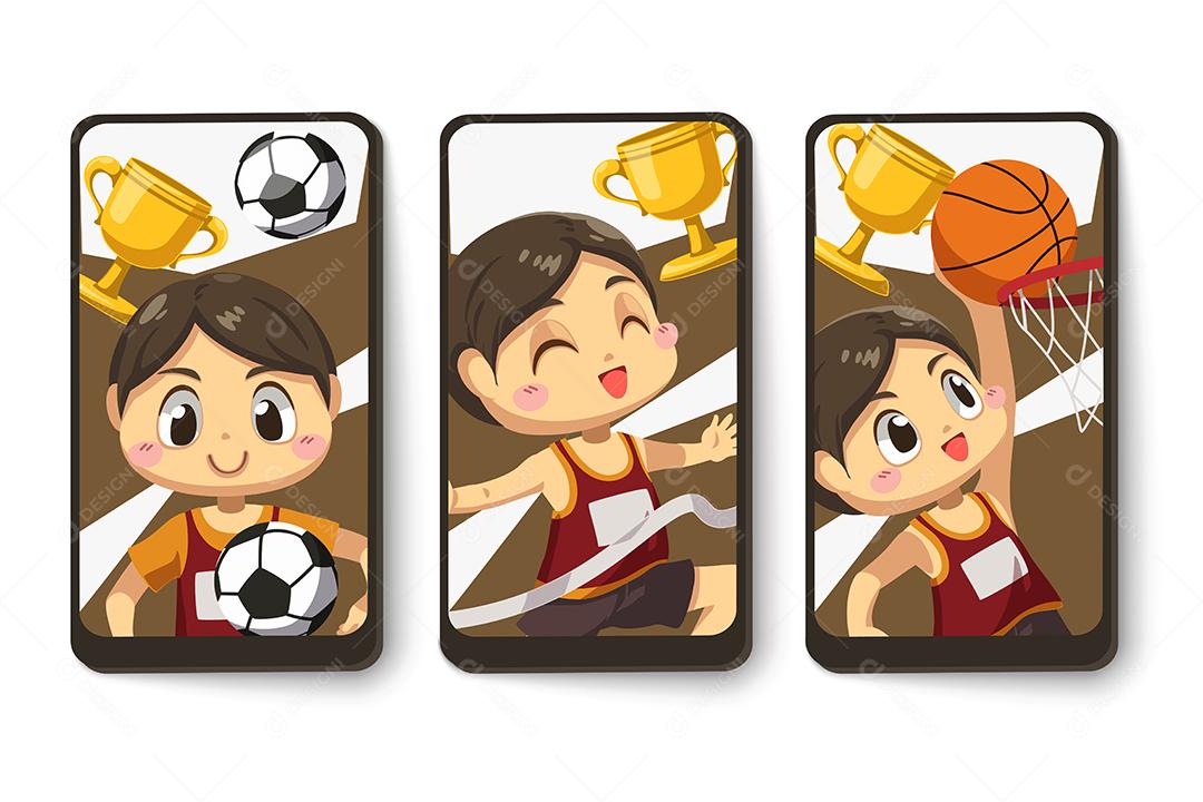 Set athlete card with basketball and soccer ball and golden trophy in cartoon character, isolated flat vector illustration