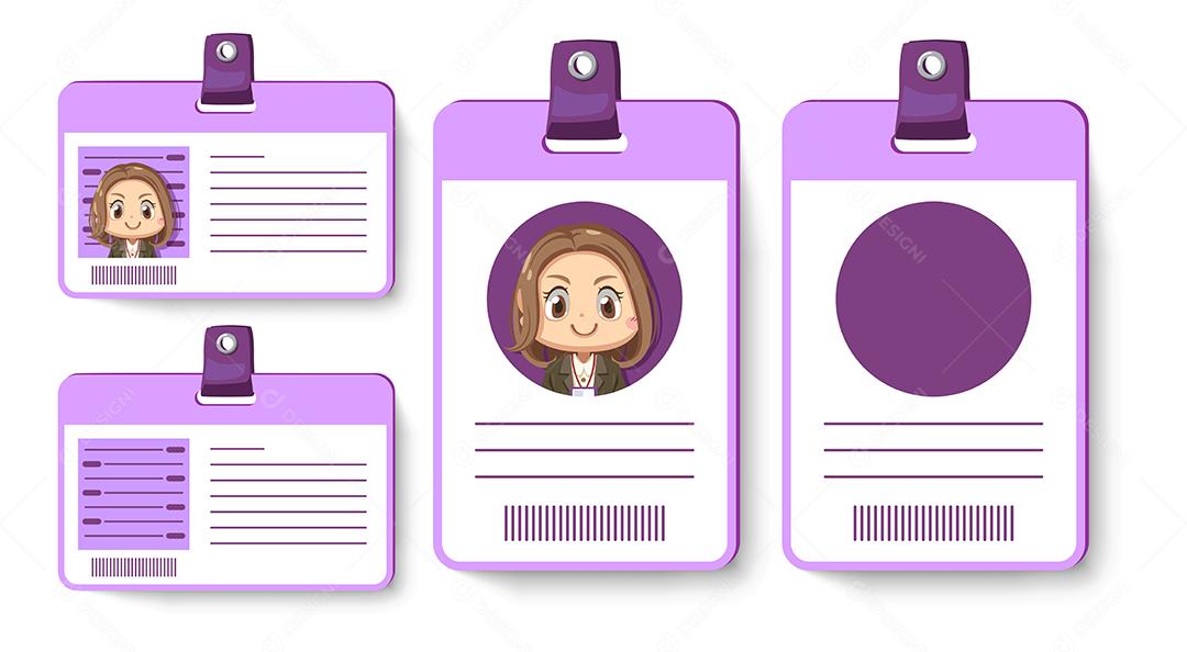 Conjunto de identificação ou cartão de empregado do trabalhador em cartão violeta vertical e horizontal em personagem de desenho animado, simular ilustração vetorial plana isolada