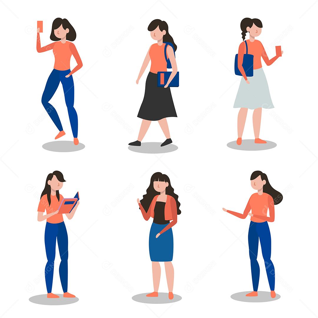 Conjunto de mulheres em personagens de desenhos animados com gesto diferente, ilustração vetorial plana isolada