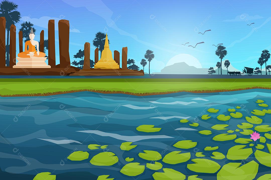 O sítio arqueológico de budista na Tailândia perto de uma grande lagoa de lótus, pássaros no céu, ilustração vetorial de estilo de desenho animado de cena da natureza