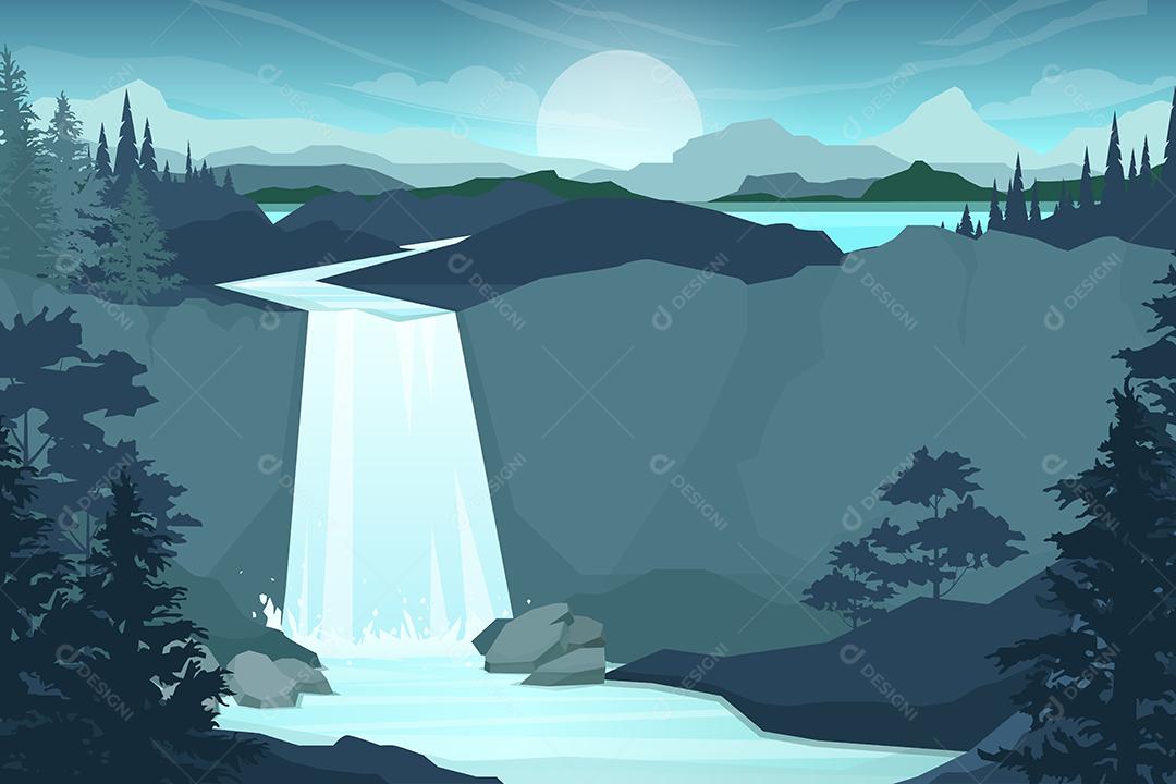 Cachoeira na cordilheira, rochas e água. Lagoa e lago. céu com nuvens e pássaros, paisagem natural. Estilo de ilustração vetorial plana de desenho animado