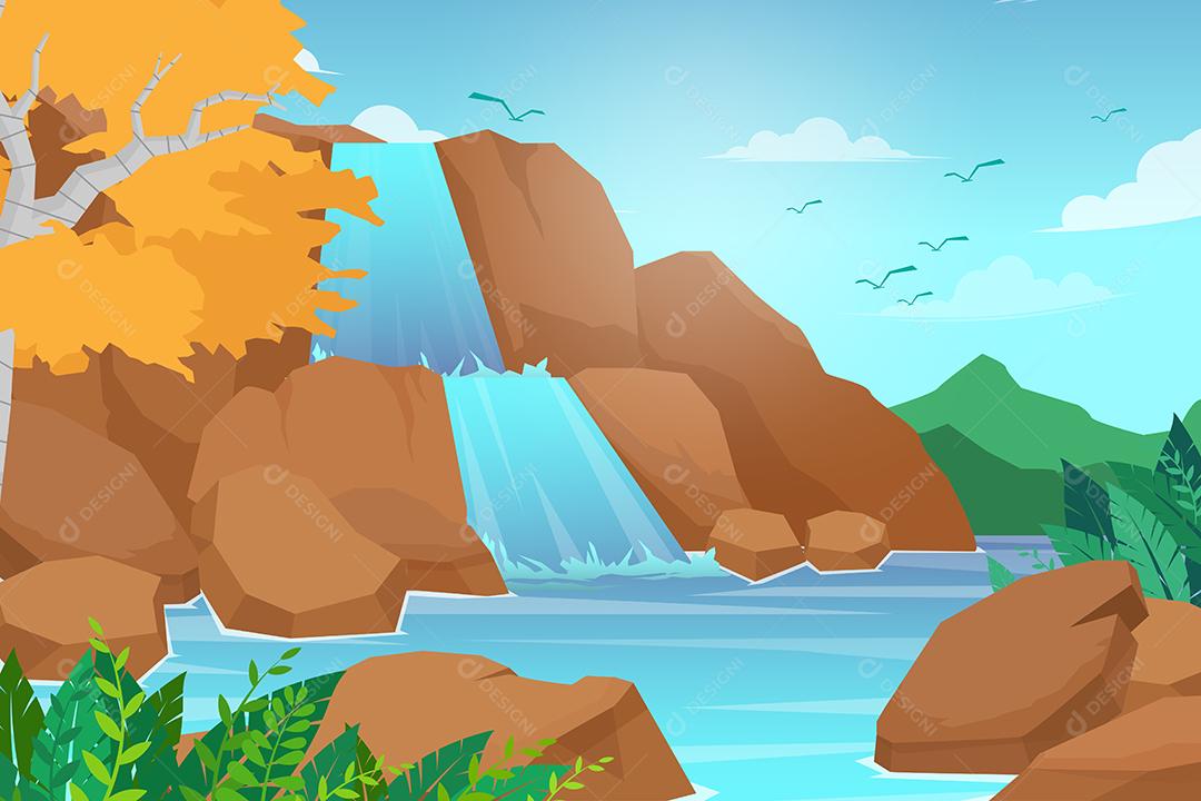 Cachoeira na cordilheira, rochas e água. Lagoa e lago. céu com nuvens e pássaros, paisagem natural. Estilo de ilustração vetorial plana de desenho animado