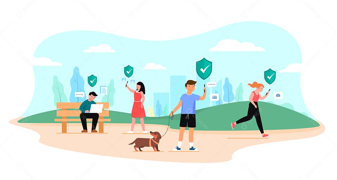 Pessoas felizes andando e descansando no parque verde eco da cidade em personagem de desenho animado, People Lifestyle com conceito de telefone celular, ilustração vetorial plana