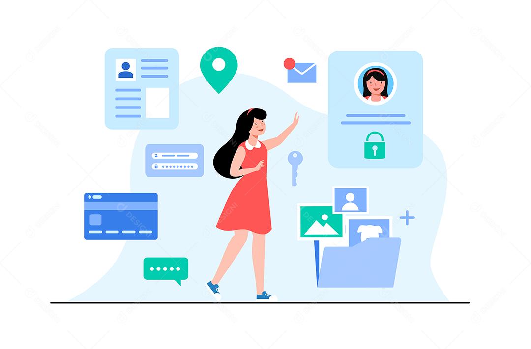 Conceito de proteção de dados. Verificação de cartão de crédito e dados de acesso ao software como confidenciais. Ilustração em vetor plana isolada no fundo branco.