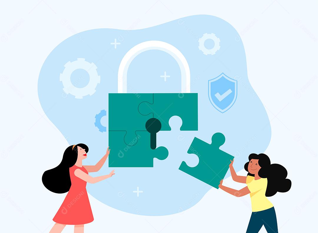 Meninas felizes e quebra-cabeça de bloqueio de segurança com palavra-chave de quebra-cabeça, proteção antivírus e firewall, segurança de dados cibernéticos online, dados de acesso de software como ilustração vetorial plana e confidencial