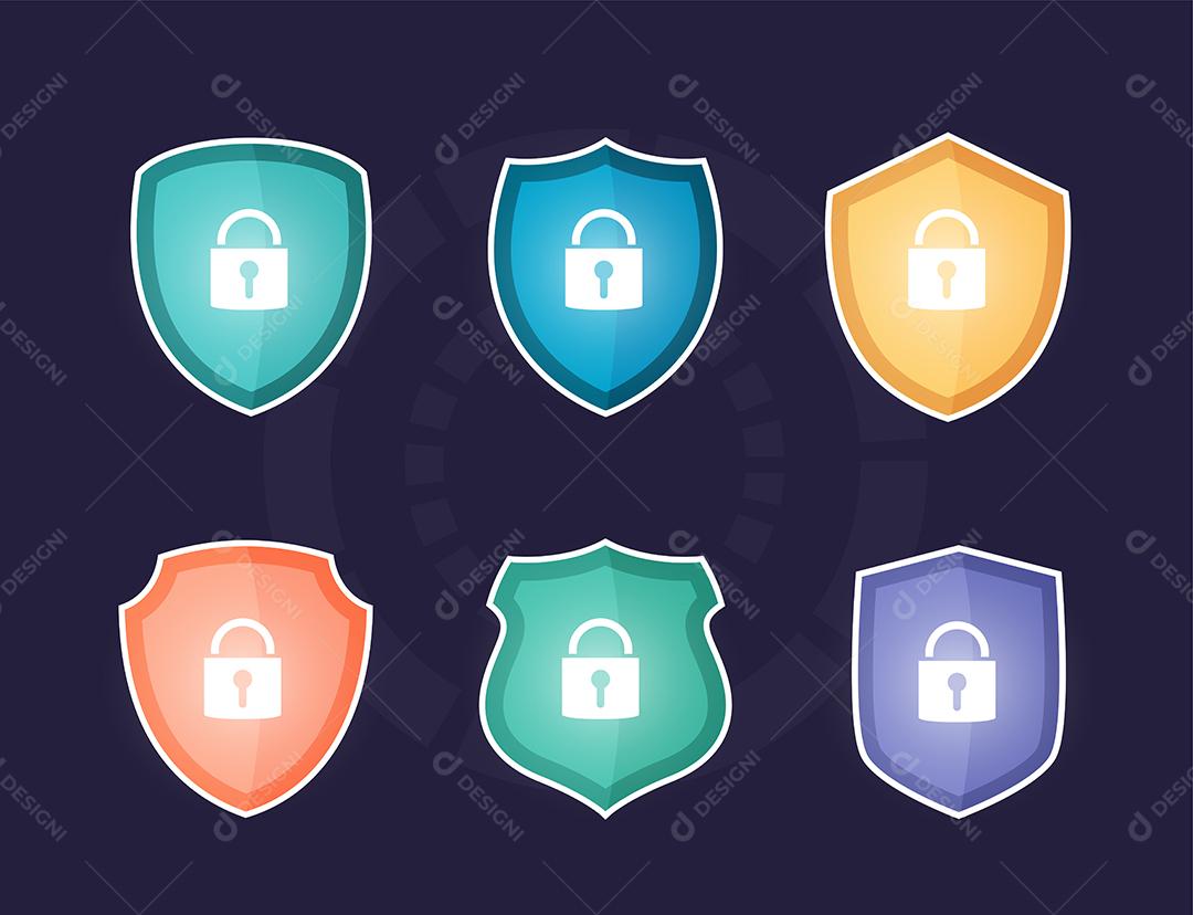 escudo colorido de segurança de dados global, segurança de dados cibernéticos online, segurança na Internet & ideia de proteção, dados de acesso de software como ilustração vetorial plana e confidencial isolada em fundo escuro.