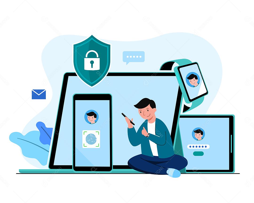 Proteção de dados. Digitalize a impressão digital para celular e tablet. Sistema de segurança de identificação de smartphone. Assinatura digital. Identificação biométrica, ilustração plana isolada sobre fundo azul.