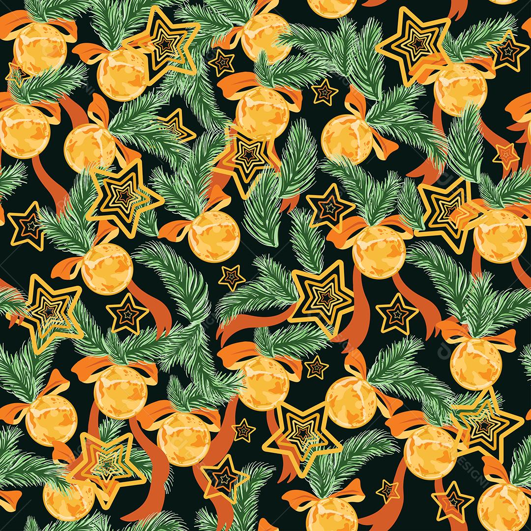 sem costura de fundo com folhas de pinheiro, estrela e bola