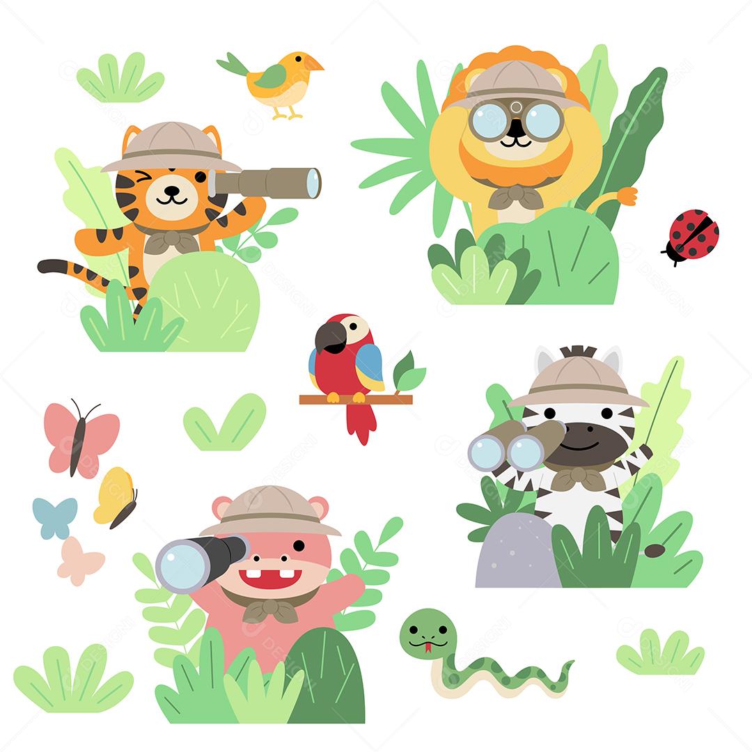 Um conjunto de grandes ilustrações de viagem de aventura animal de vetor isolado