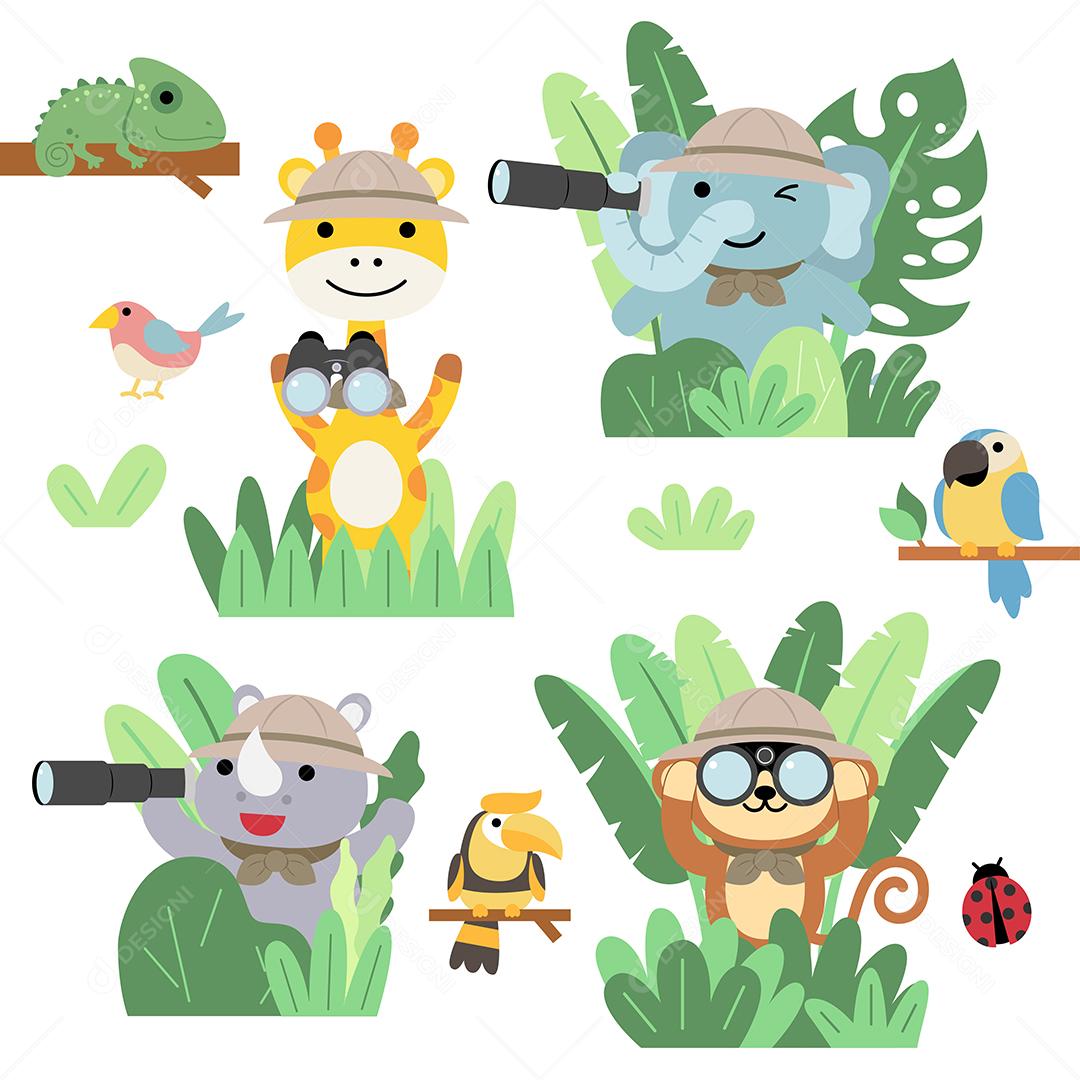 Um conjunto de grandes ilustrações de viagem de aventura animal de vetor isolado