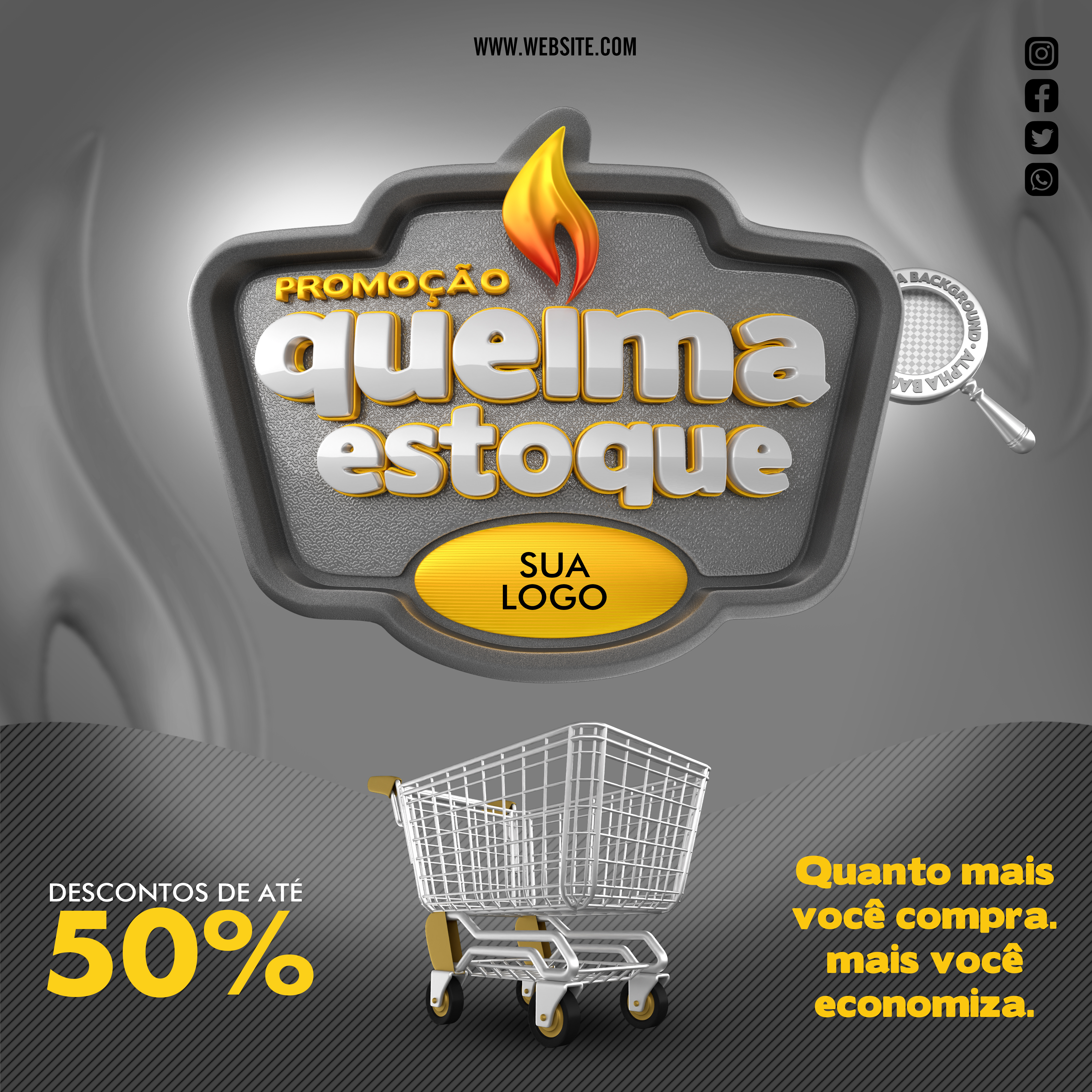 Social Media Template Cinza Promoção Queima de Estoque PSD Editável