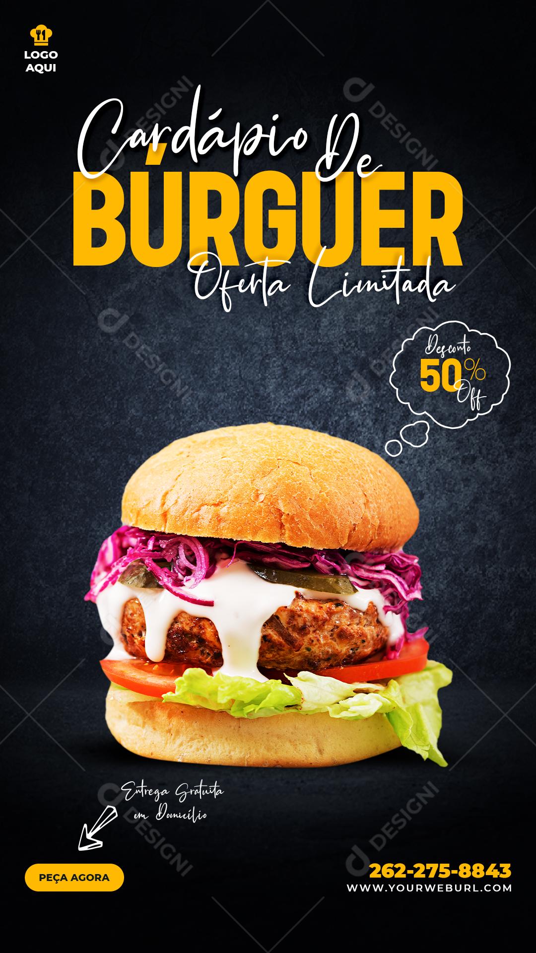 Story Cardápio de Búrguer Oferta Limitada Desconto 50% Off Social Media PSD Editável