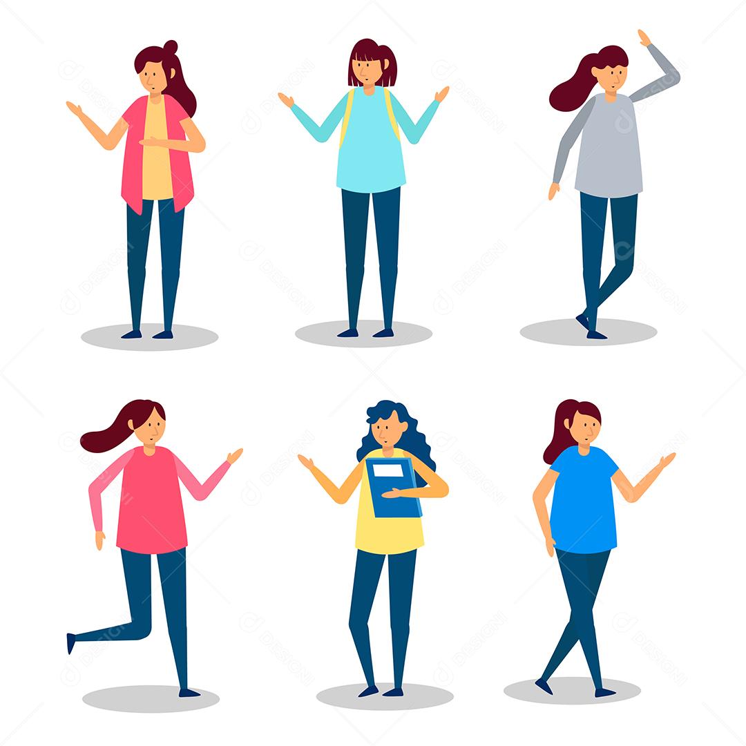 Set of women with activity in cartoon characters with different gesture, isolated flat vector illustration