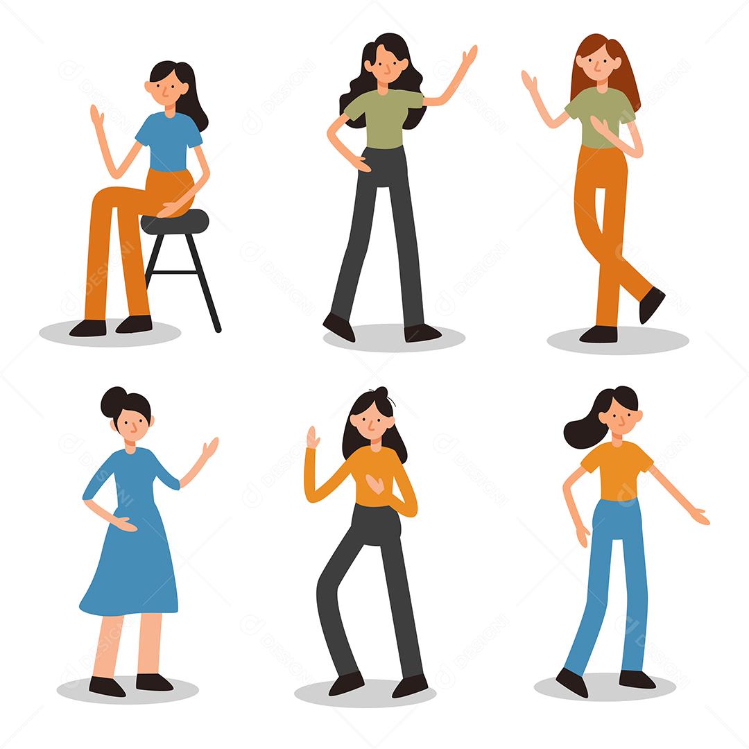Conjunto de mulheres com a atividade em personagens de desenhos animados com gesto diferente, ilustração vetorial plana isolada