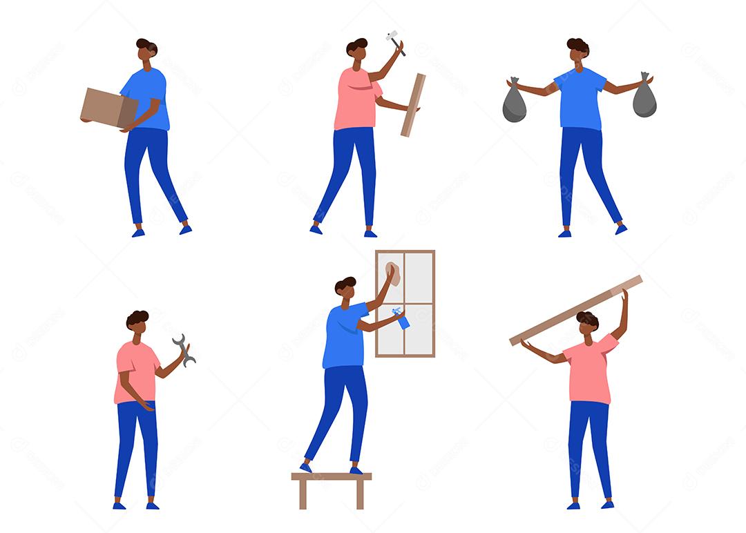 Conjunto de homens fazendo atividade em casa em personagem de desenho animado, mangueira de reparo, limpeza de janela de vidro e outro gesto, ilustração vetorial plana isolada