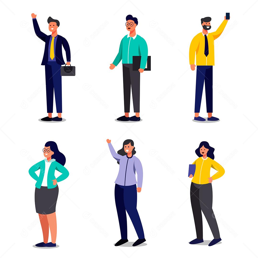 Conjunto de mulher e homem com atividade em personagem de desenho animado, ilustração vetorial plana isolada de gesto diferente