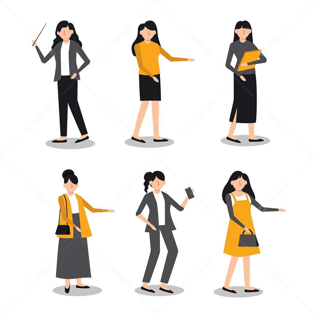 Conjunto de mulheres em personagens de desenhos animados com gesto diferente, ilustração vetorial plana isolada