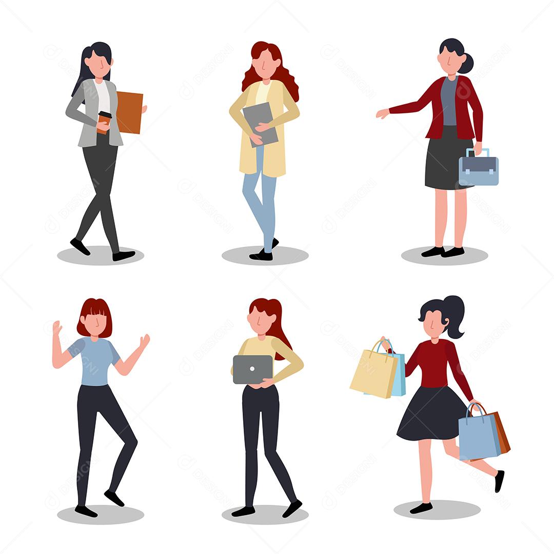 Conjunto de mulheres em personagens de desenhos animados com gesto diferente, ilustração vetorial plana isolada