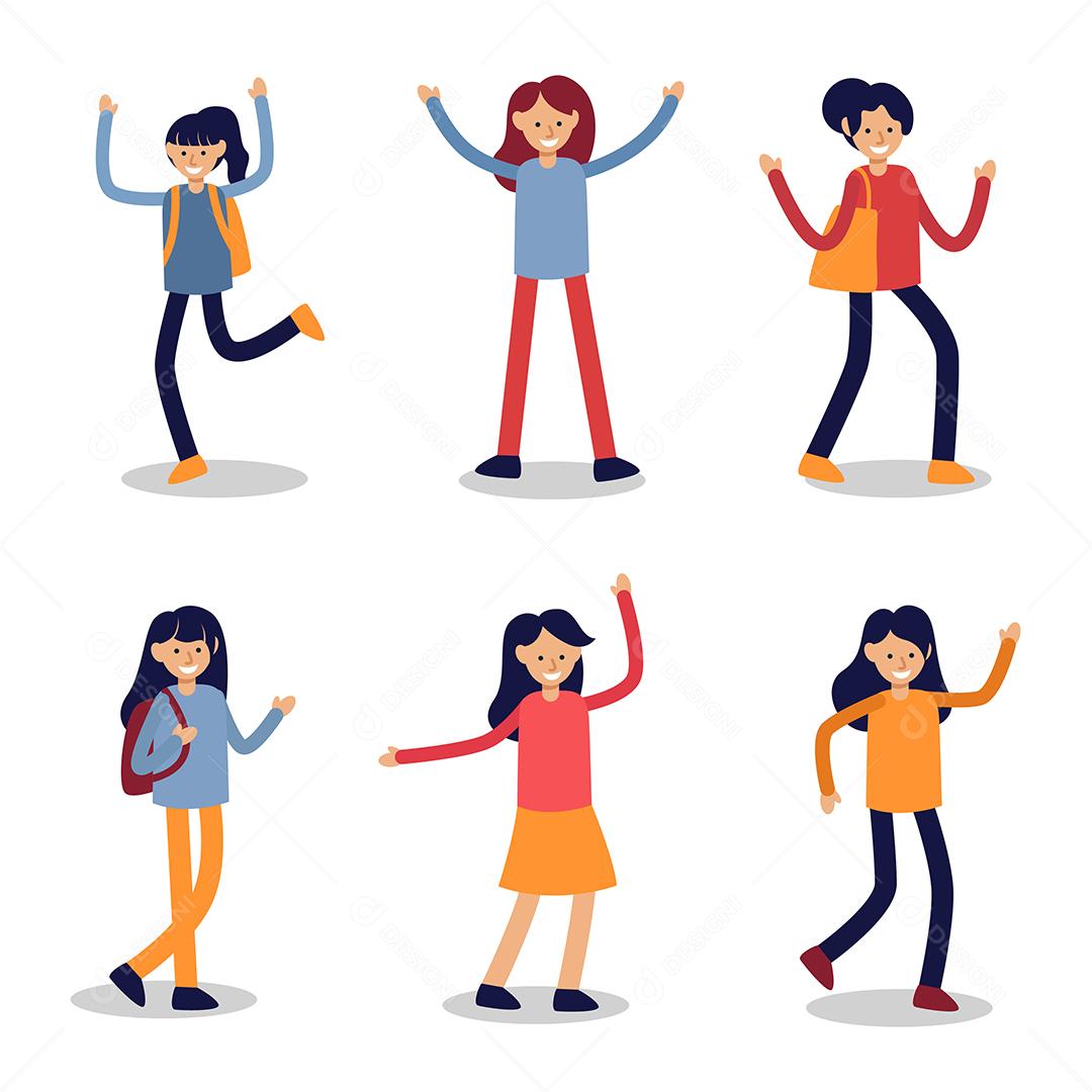 Conjunto de mulheres em personagens de desenhos animados com gesto diferente, ilustração vetorial plana isolada