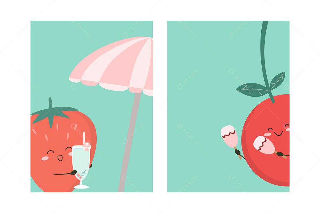 Conjunto de morango e cereja no horário de verão no cartão de praia, ilustração vetorial plana estilo desenhado à mão, personagem de desenho animado no conceito de horário de verão