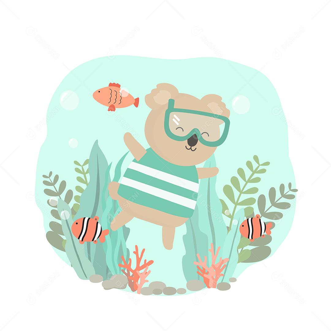 Koala usa óculos de mergulho e peixe-palhaço submarino nas férias de verão, ilustração vetorial plana estilo desenhado à mão, personagem de desenho animado no conceito de horário de verão