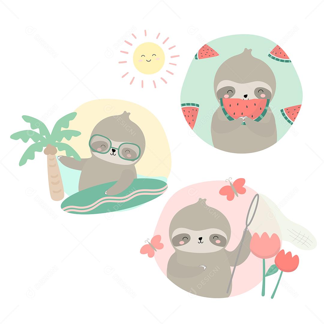 Conjunto de slot com atividade divertida na ilha nas férias de verão, ilustração vetorial plana estilo desenhado à mão, personagem de desenho animado no conceito de horário de verão