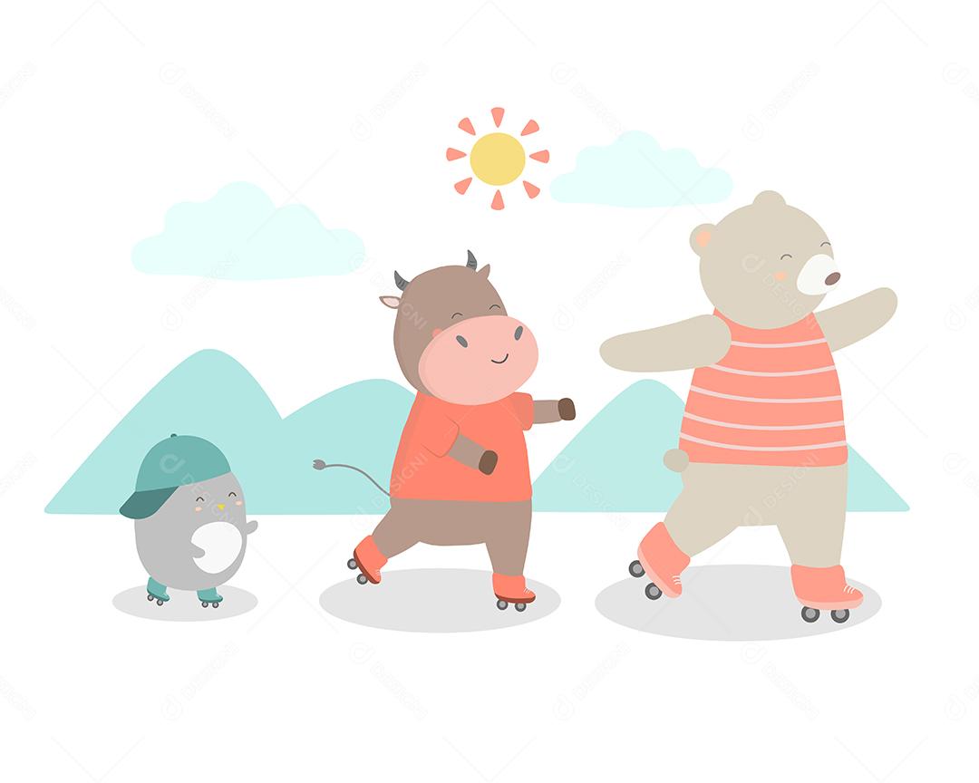 felizmente urso, vaca e pinguim jogando patins juntos nas férias de verão, ilustração vetorial plana estilo desenhado à mão, personagem de desenho animado no conceito de horário de verão