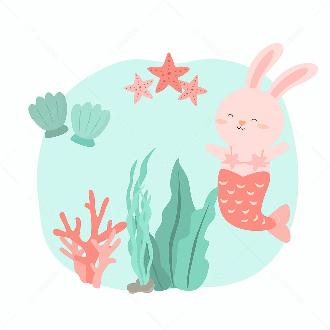 Adorável sereia de coelho submarina, ilustração vetorial plana de estilo desenhado à mão, personagem de desenho animado no conceito de horário de verão