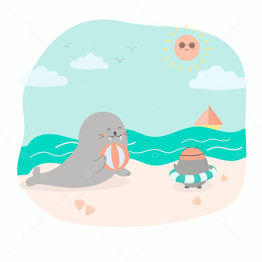 Feliz foca e pinguim brincando com bola na praia, veleiro no mar nas férias de verão, ilustração vetorial plana estilo desenhado à mão, personagem de desenho animado no conceito de horário de verão