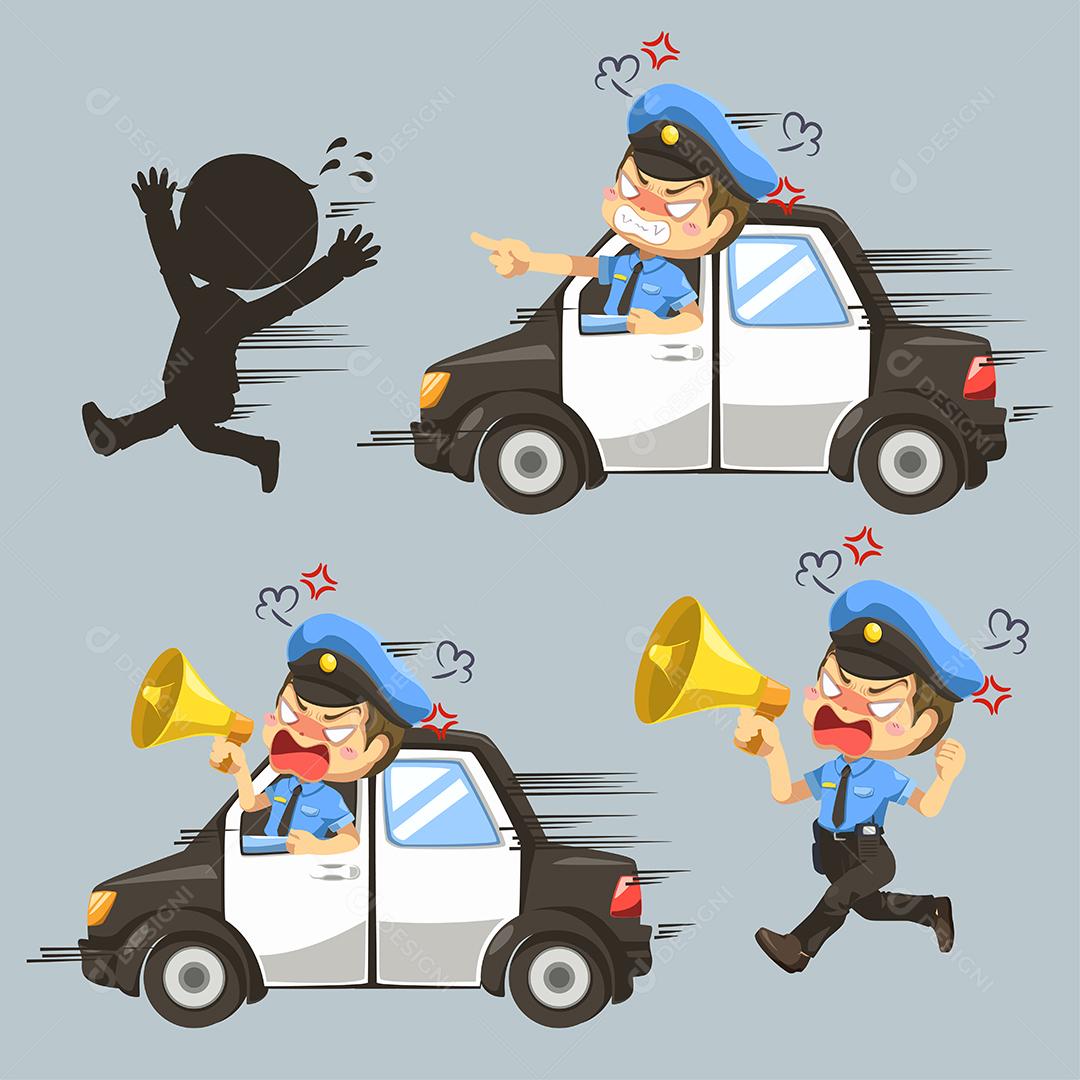 Conjunto de polícia dirige um carro para pegar um ladrão em personagem de desenho animado, ilustração vetorial plana isolada