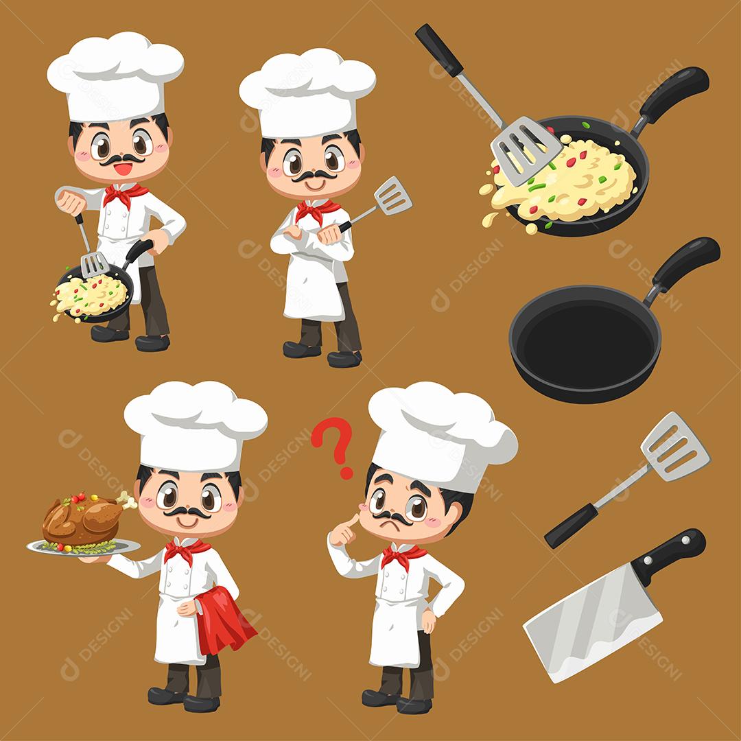 Conjunto de chef man em personagem de desenho animado, mascote em design de ilustração vetorial para logotipo de negócios culinários