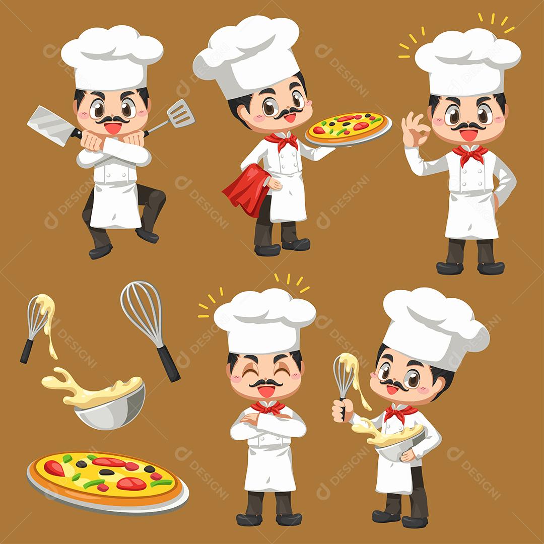 Conjunto de chef man em personagem de desenho animado, mascote em design de ilustração vetorial para logotipo de negócios culinários