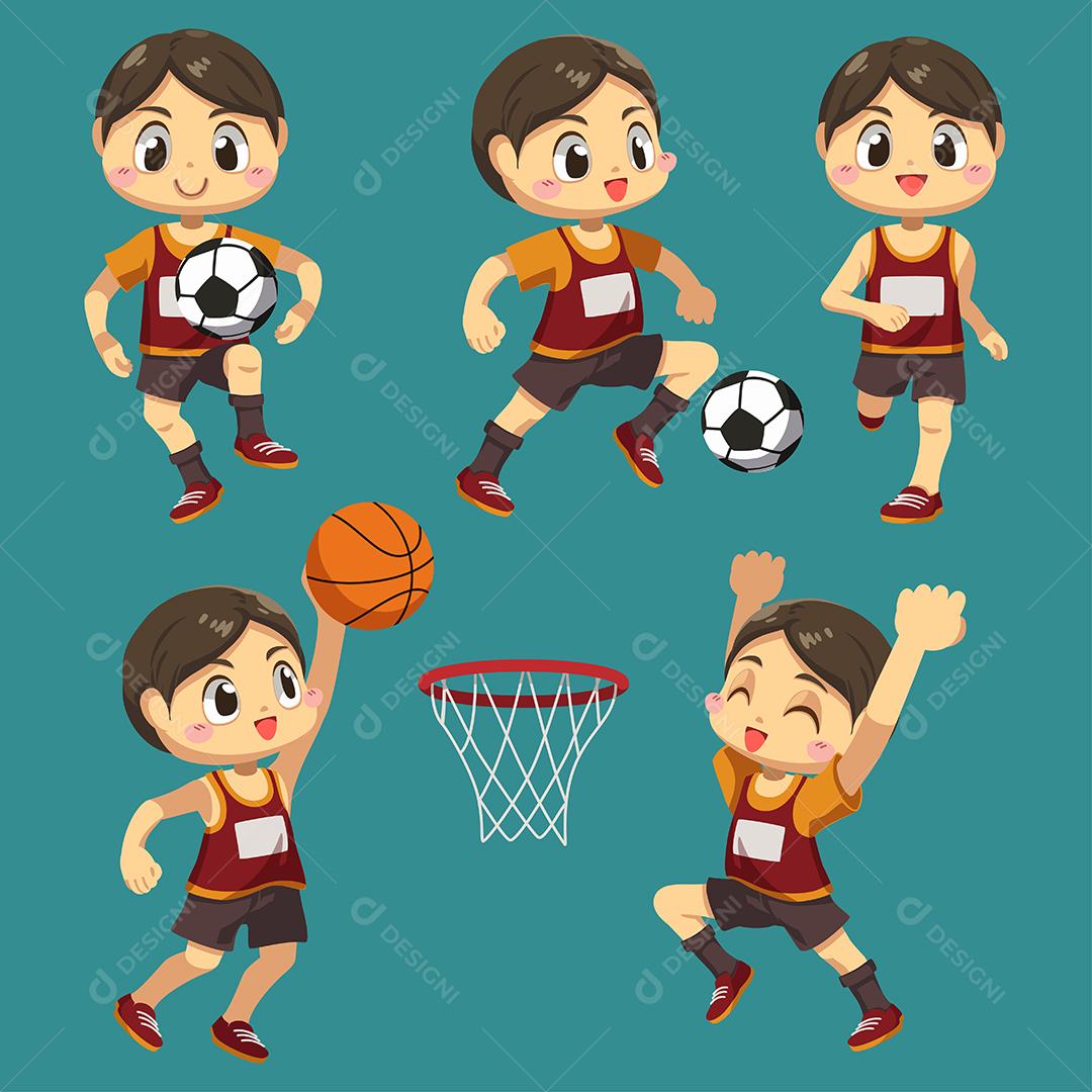 Conjunto de desportista com basquete e futebol com troféu em personagem de desenho animado, ilustração vetorial plana isolada de ação de diferença