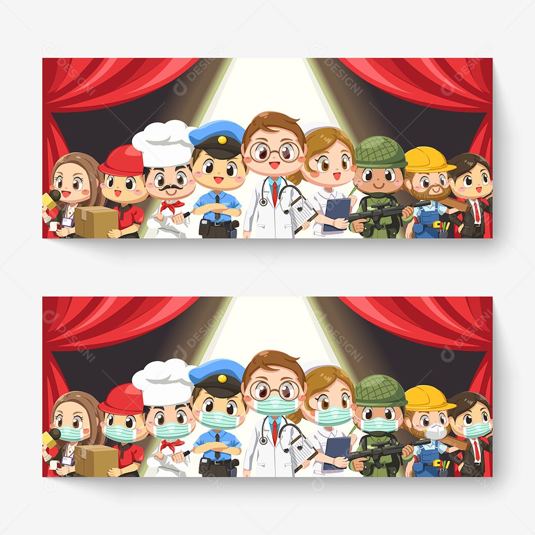 Conjunto de pessoas de várias profissões em personagem de desenho animado, ilustração vetorial plana isolada