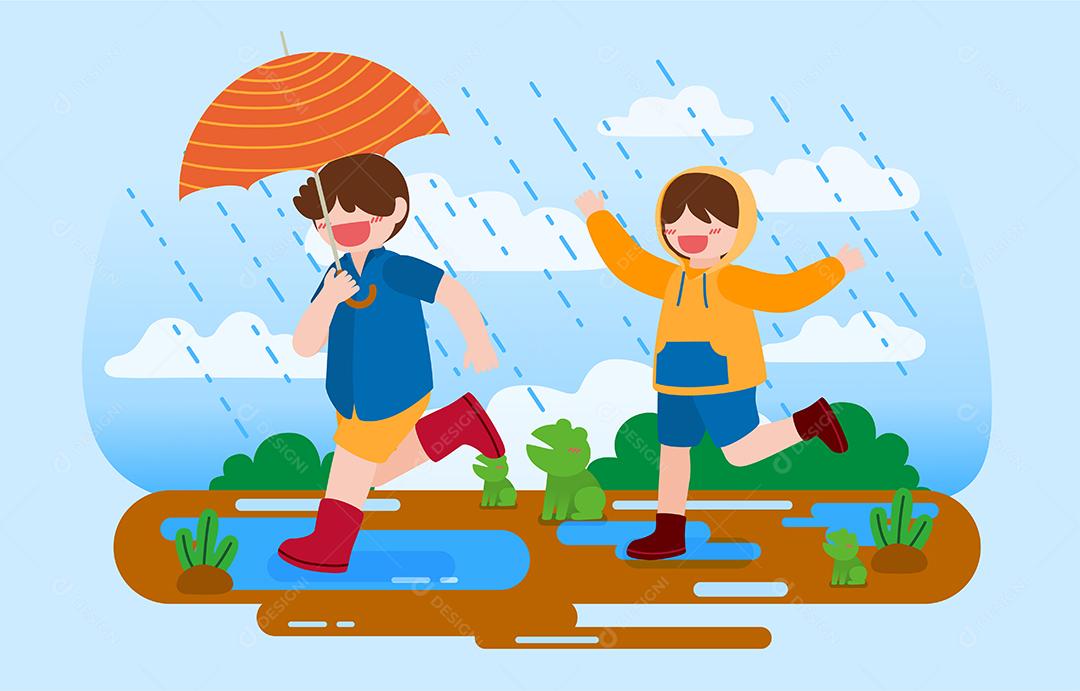 Garoto vestindo capa de chuva e linda garota segurando guarda-chuva, eles gostam de brincar com chuva na estação chuvosa no estilo de personagem de desenho ilustração vetorial plana