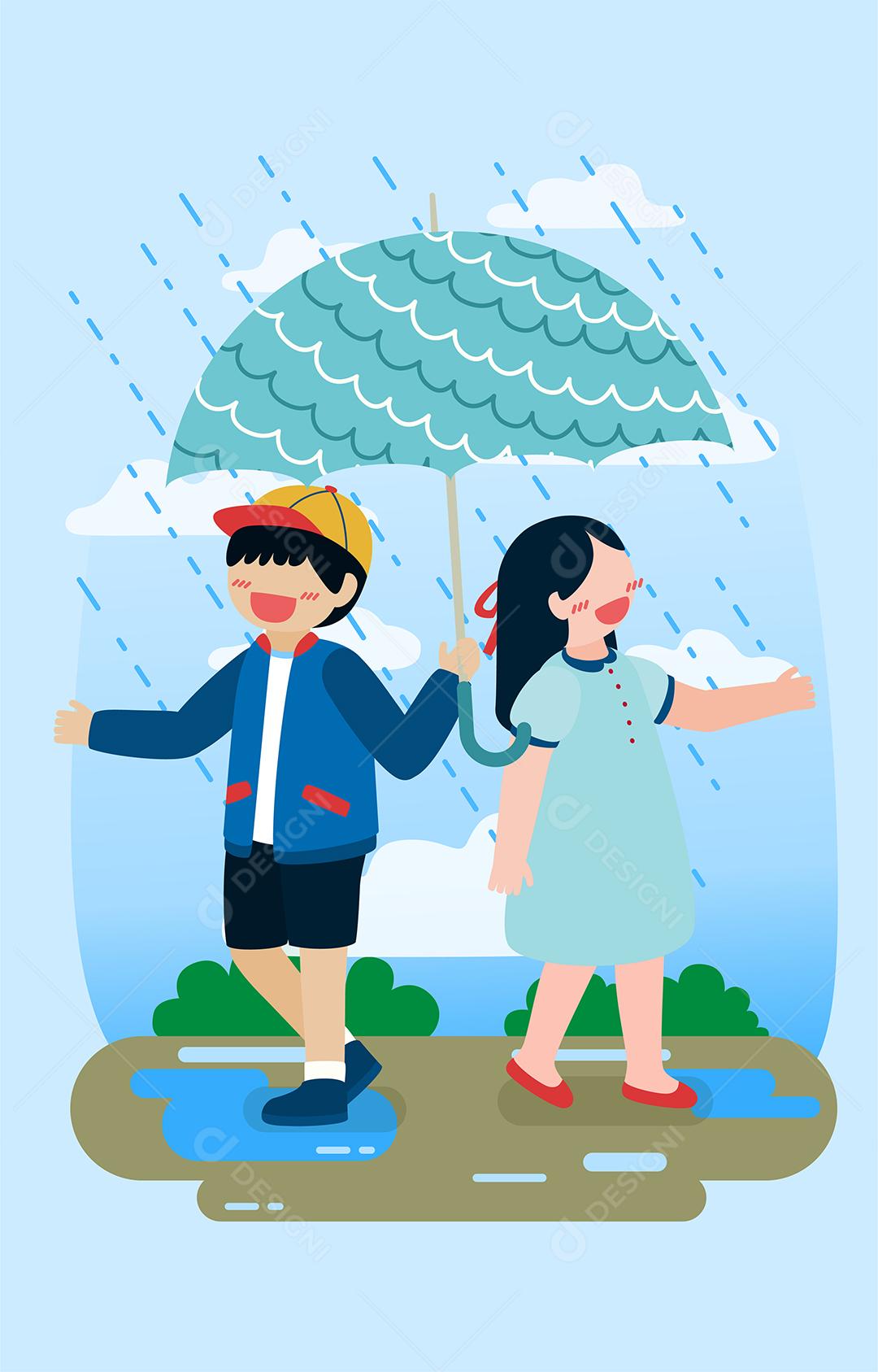 Desenhando imagem vertical Menina e menino sob o guarda-chuva, eles gostam de brincar com chuva na estação chuvosa no estilo de personagem de desenho ilustração vetorial plana