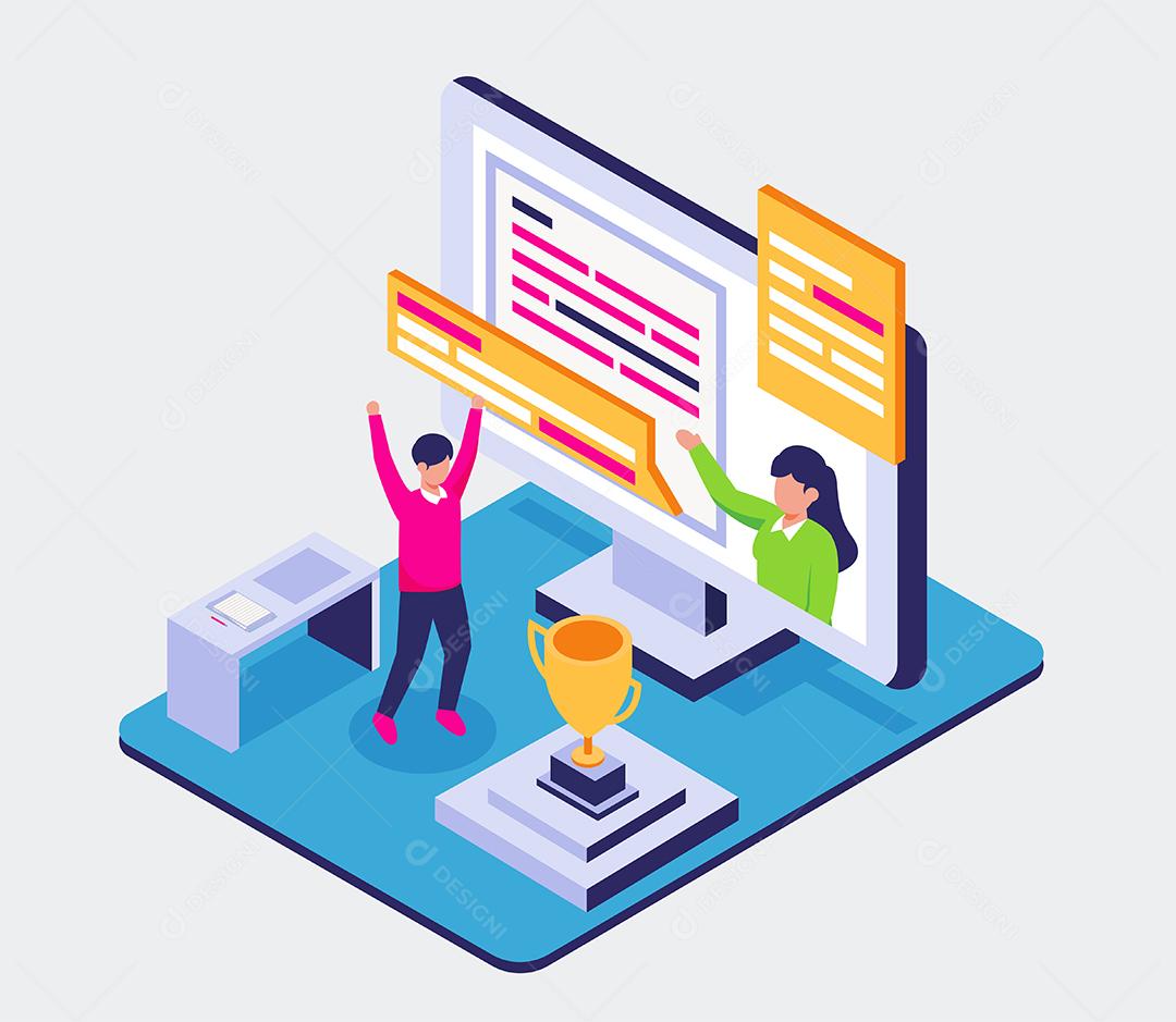 Adolescente visual lê livro no celular para educar, aprendendo conceito on-line, Design de ilustração vetorial isométrica