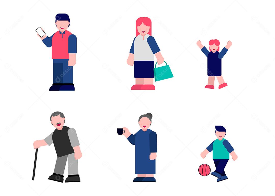 Conjunto de diferenças para cada geração de pessoas em personagens de desenhos animados, ilustração vetorial plana isolada