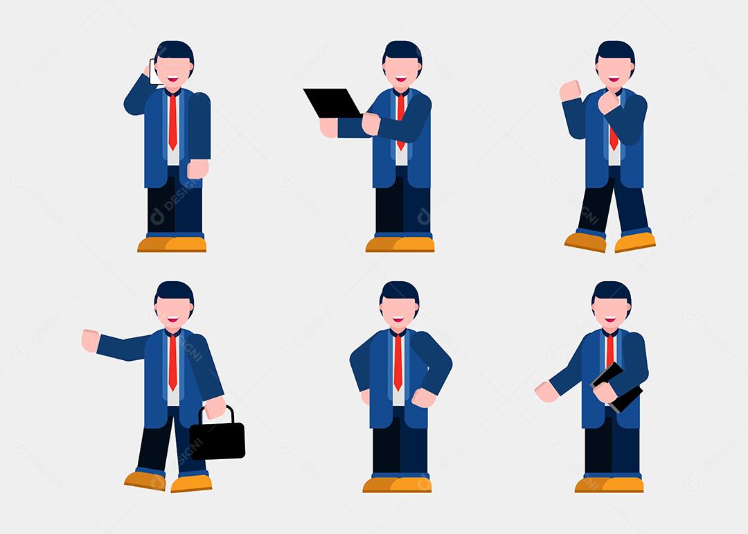Conjunto de empresários com roupas formais em personagens de desenhos animados, com diferentes ilustrações vetoriais planas gesticuladas e isoladas