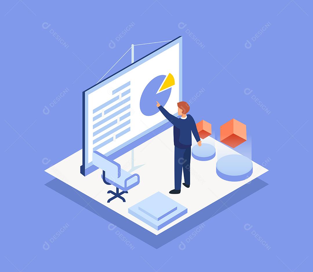 Jovem empresário olhando gráfico de estatísticas virtuais em exibição na sala de reuniões, conceito de negócios, ilustração vetorial isométrica